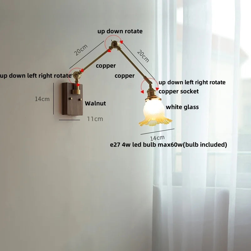 Yellow Glass LED Wall Sconce Walnut Wood Bedside Lamp