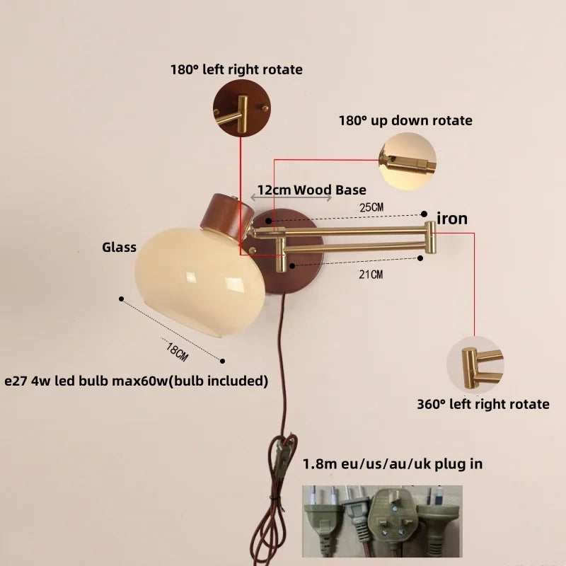 Modern Wood Wall Light with Swing Arm, Rotatable Design & Pull Chain Switch