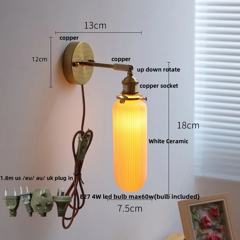 White Ceramic LED Wall Sconce with Pull Chain Switch & Rotate Copper Finish