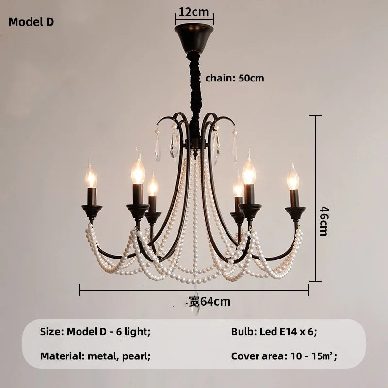 Black E14 Candle Chandelier: French Living Room Pendant Lighting for Home Decor