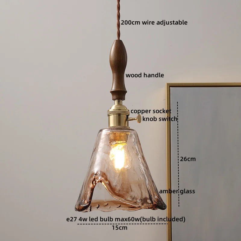 Wood Copper LED Pendant Light - Nordic Hanging Lamp for Bedroom Dining Hallway