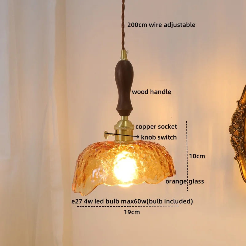 Green Glass LED Pendant Lamp with Knob Switch, Copper Chandelier