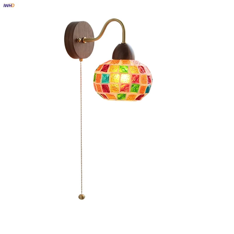 Tiffany Style LED Wall Sconce Walnut Wood Glass Stair Light.
