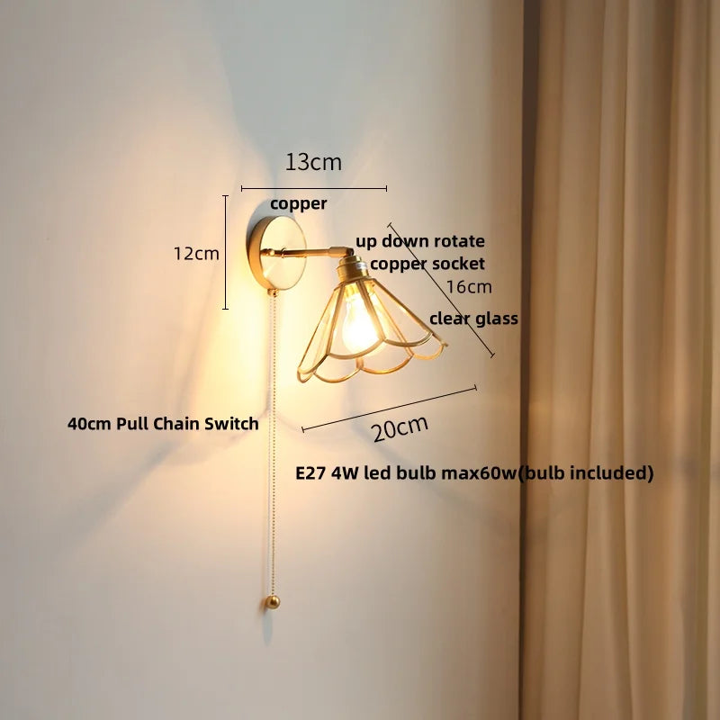 Copper LED Wall Lights with Glass Shade & Pull Chain Switch