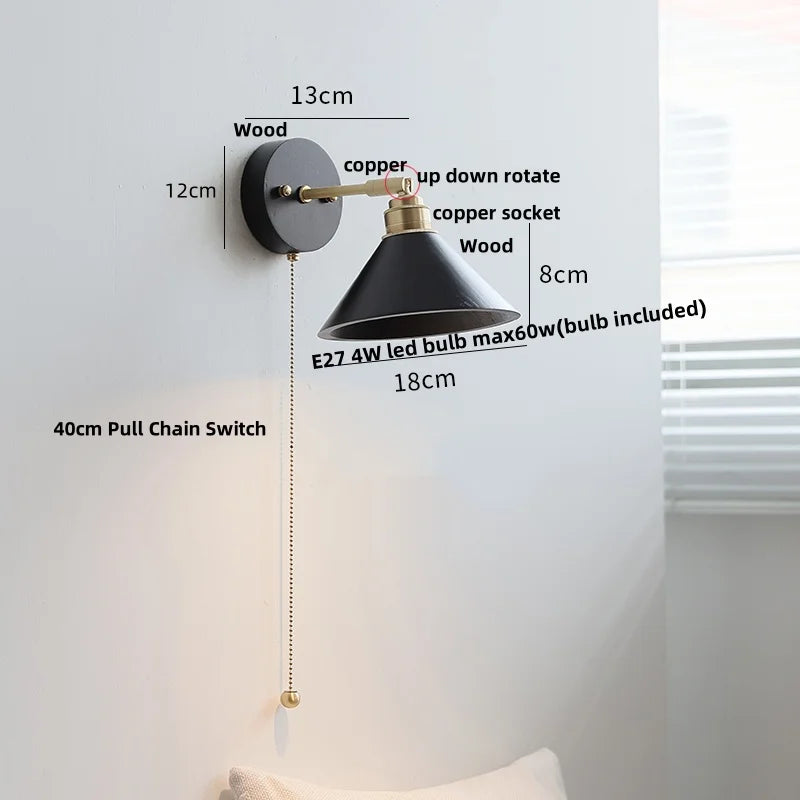 Wood Copper Wall Sconce Modern LED Fixture Bedside Lamp Bar Rotate Black