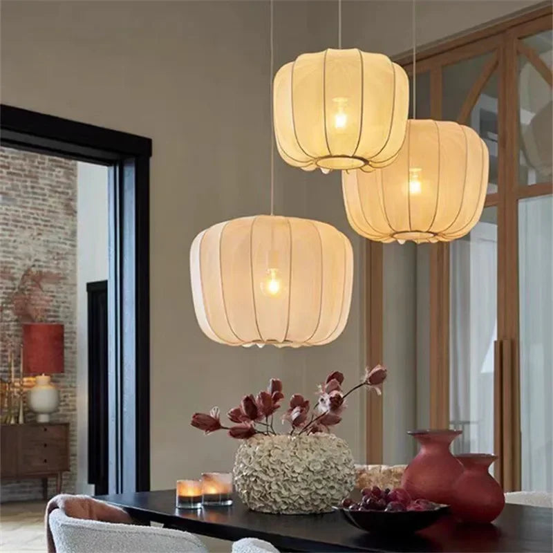 Plumeria Lantern Pendant Light: Minimalist French Country Fabric Lamp for Dining Staircase & Kitchen Island.