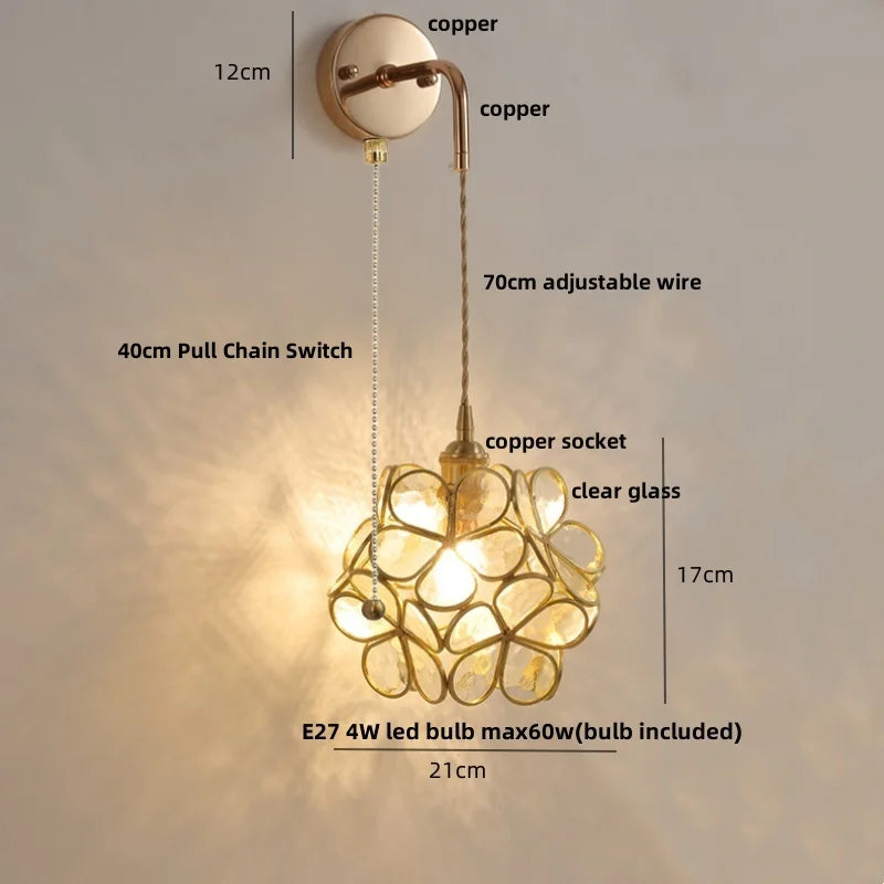 Modern Clear Glass LED Wall Light with Pull Chain for Bar, Cafe, Bathroom Mirror