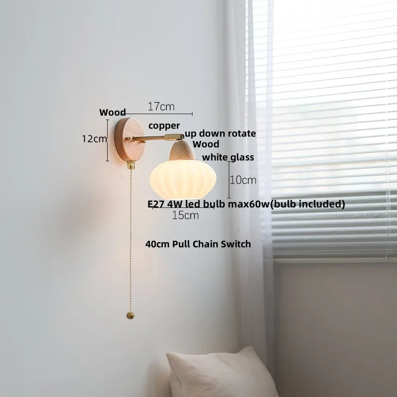 Wood Canopy LED Wall Light Pull Chain Switch Nordic Modern Bedside Sconce