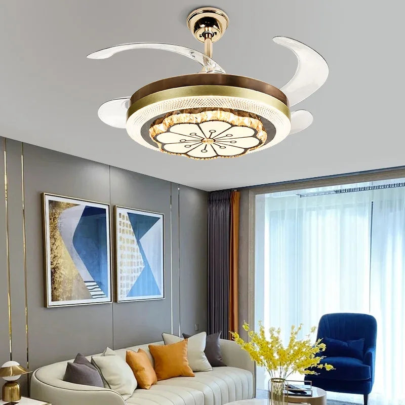 Crystal Invisible Fan Lamp 42-Inch European Living Room Ceiling Fan Chandelier