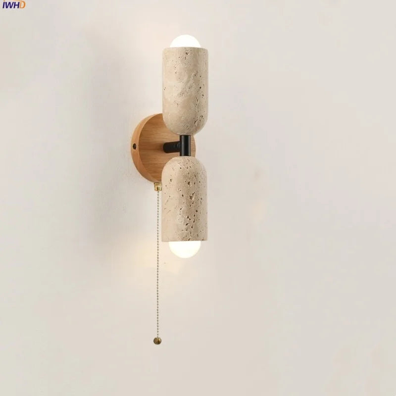 LED Wall Light Fixture Travertine Stone Wood Canopy Bedside Lamp