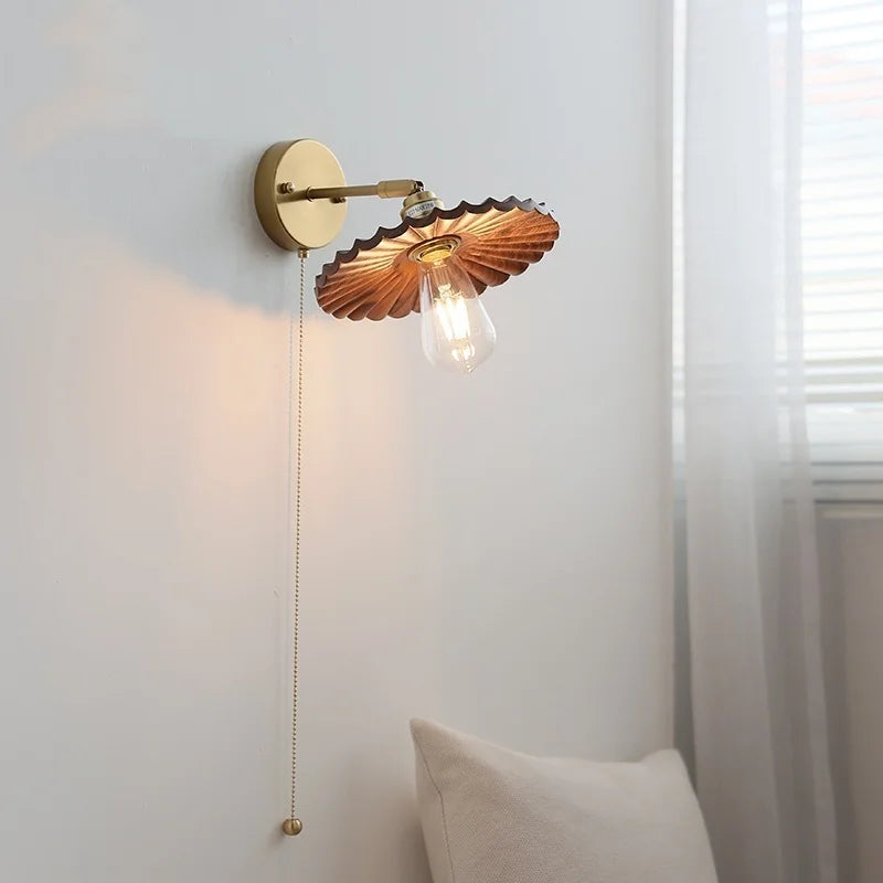 Nordic LED Wall Light Walnut Wood Copper Sconce with Pull Chain Switch