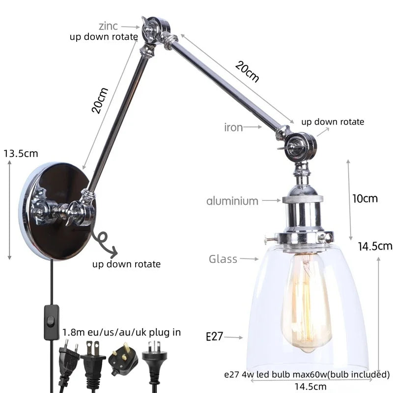 Vintage Loft LED Wall Lights Pull Chain Switch Chrome Clear Glass Fixtures