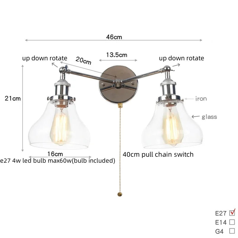 2 Head LED Wall Lamps Iron Glass Bedroom Stair Light Fixtures