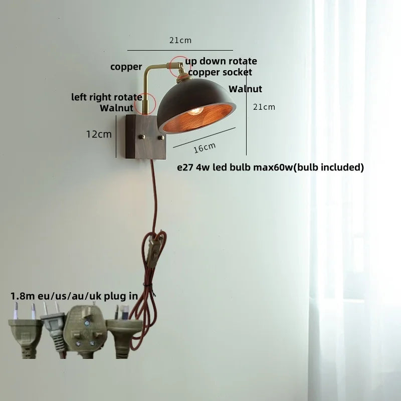 Walnut Wood LED Wall Sconce, Copper Toggle Switch, Vintage Loft Style
