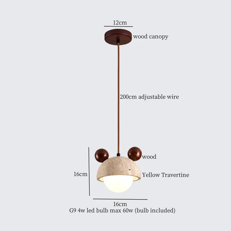 Yellow Travertine Spherical Stone LED Pendant Light for Bedroom Dining Living Room