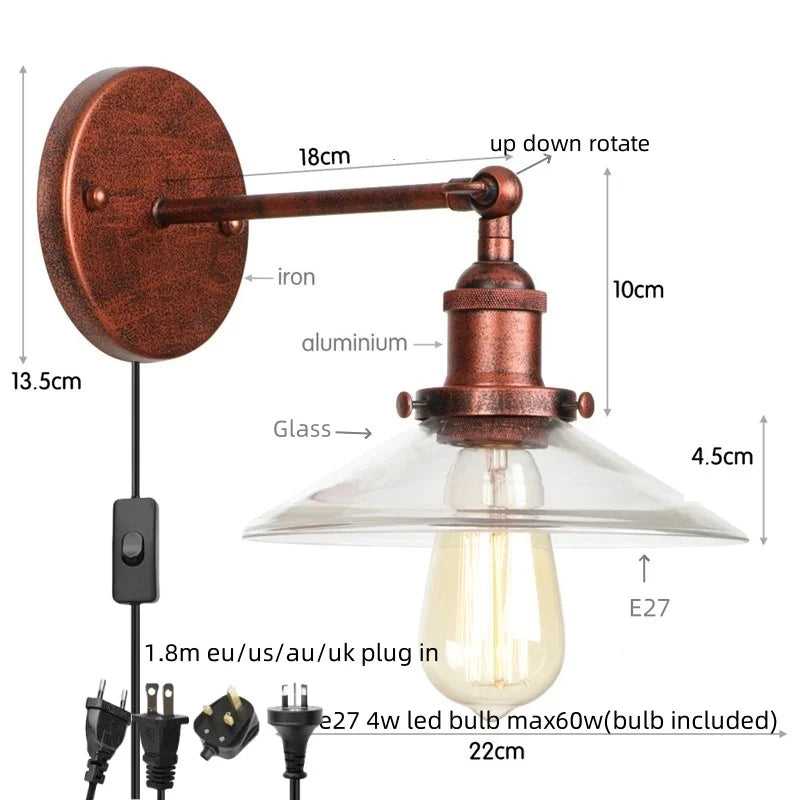 Vintage Industrial LED Wall Lamp with Clear Glass Shade