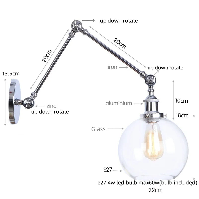 Vintage Loft LED Wall Lights Pull Chain Switch Glass Chrome Wall Lamp