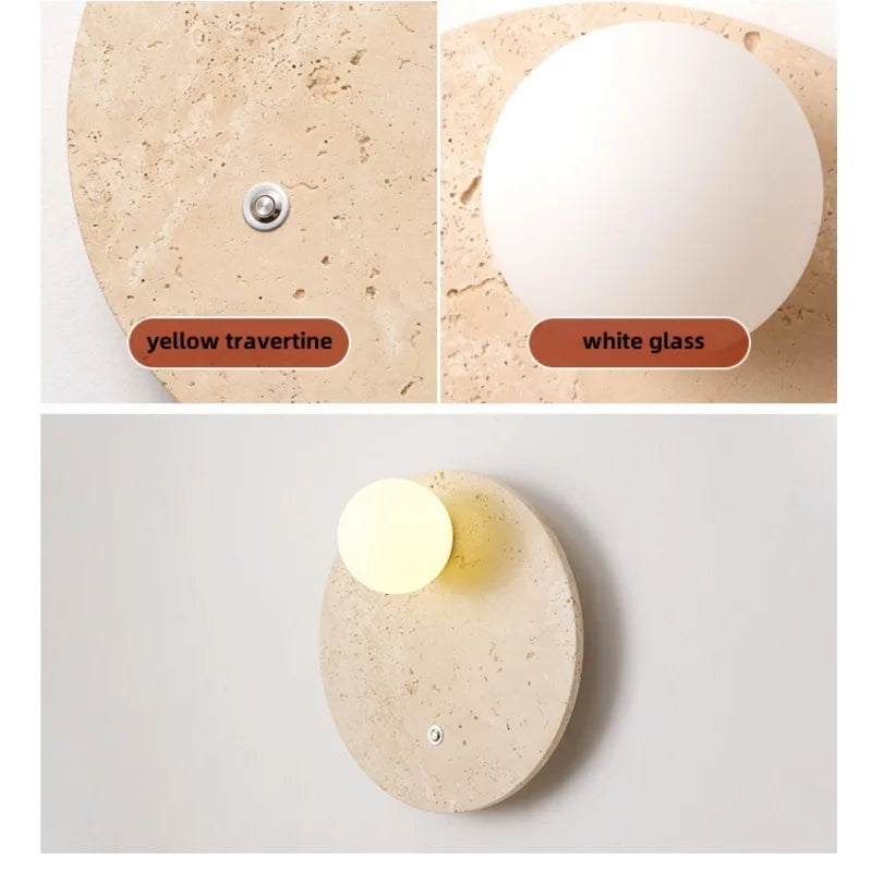 White Glass LED Wall Lights Yellow Travertine Stone Modern Disc Switch Bedside Lamp
