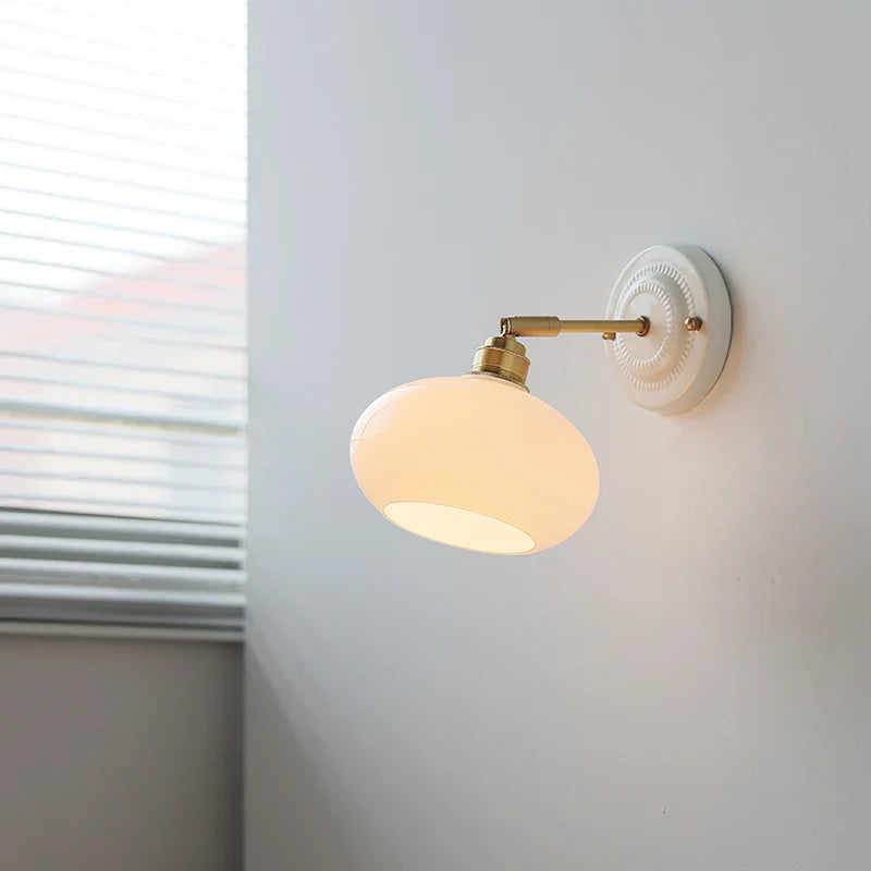 White Glass LED Wall Lights Pull Chain Switch Copper Arm - Bedroom Stair Living Room Mirror Bedside Lamp