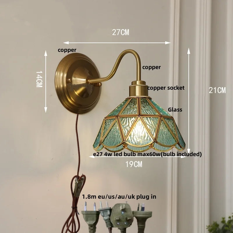Afralia™ Blue Glass Copper LED Wall Light Fixture Stair Bar Restaurant Bedroom E27
