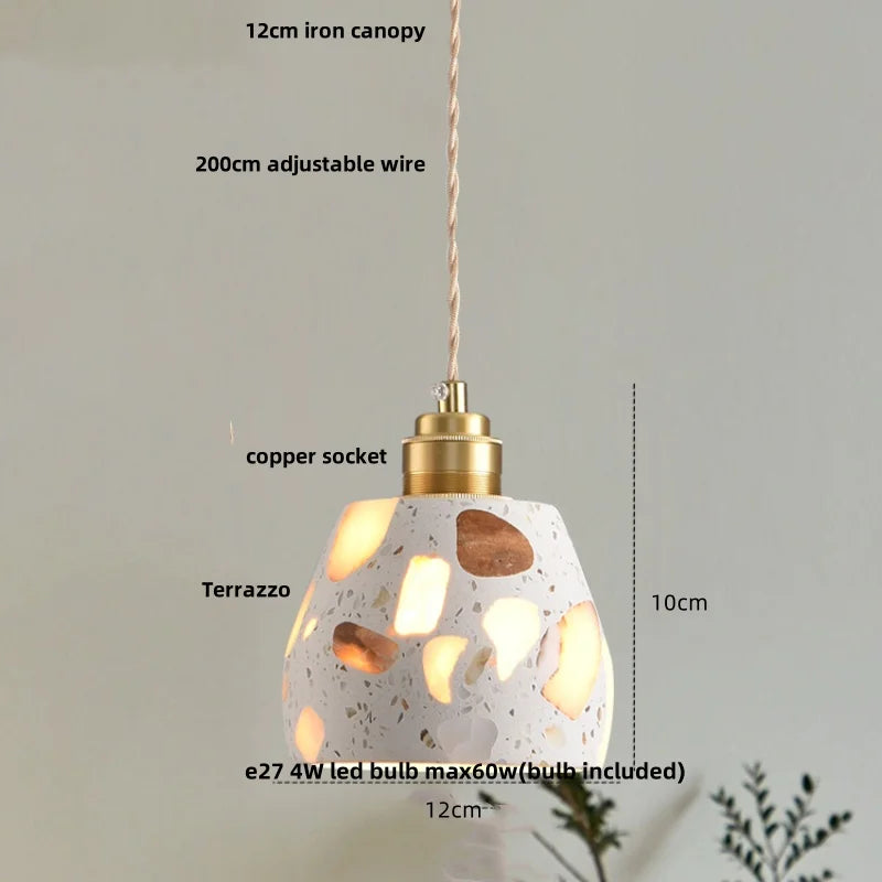 Afralia™ Minimalism LED Pendant Light Fixture Terrazzo Marble Stone Wood Hanging Lamp