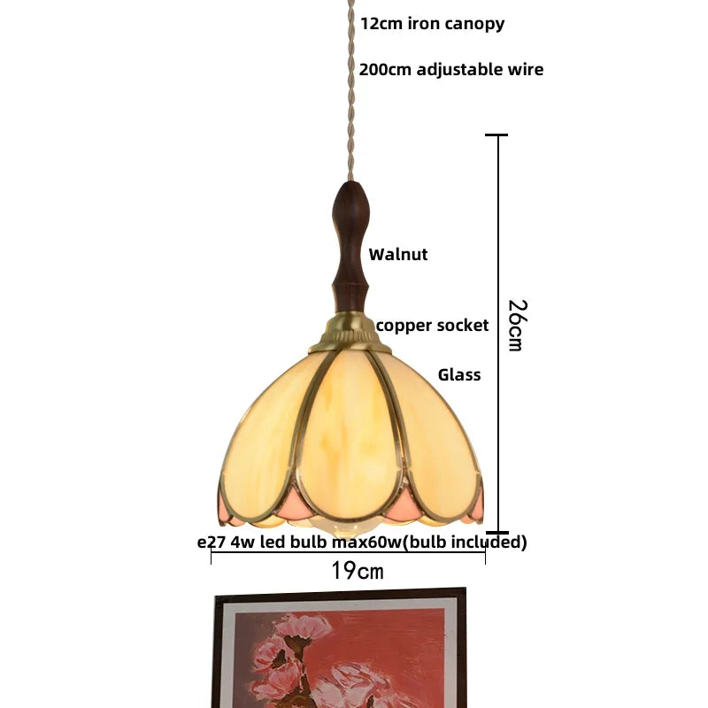 Tiffany Glass Pendant Lamp with Adjustable Walnut Wood, LED Dining Room Lighting