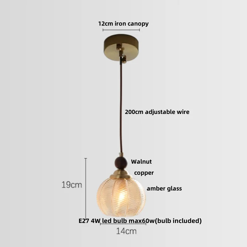 Amber Glass LED Pendant Light - Modern Nordic Design with Iron Base