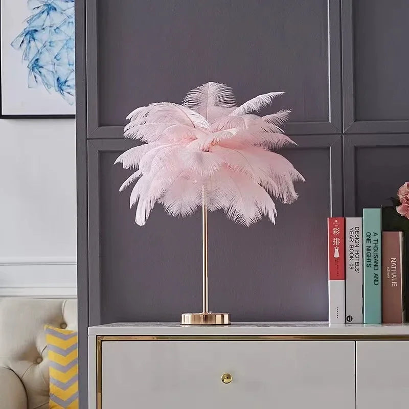 Nordic Ostrich Feather Table Lamp: Romantic Pink White Bedside Wedding Light