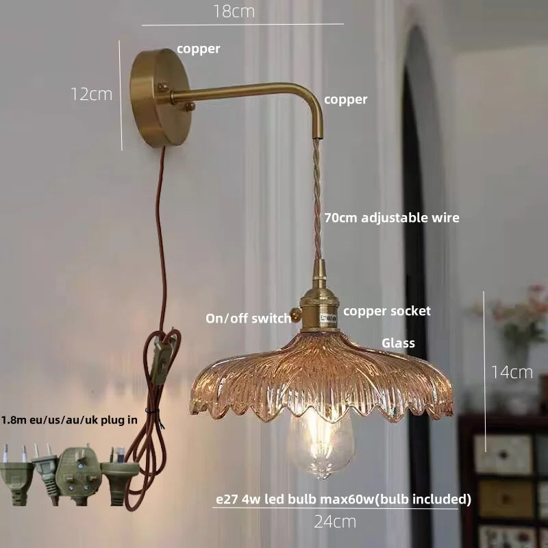 Amber Vintage LED Wall Light Glass Copper Pull Chain Switch Hallway Lamp
