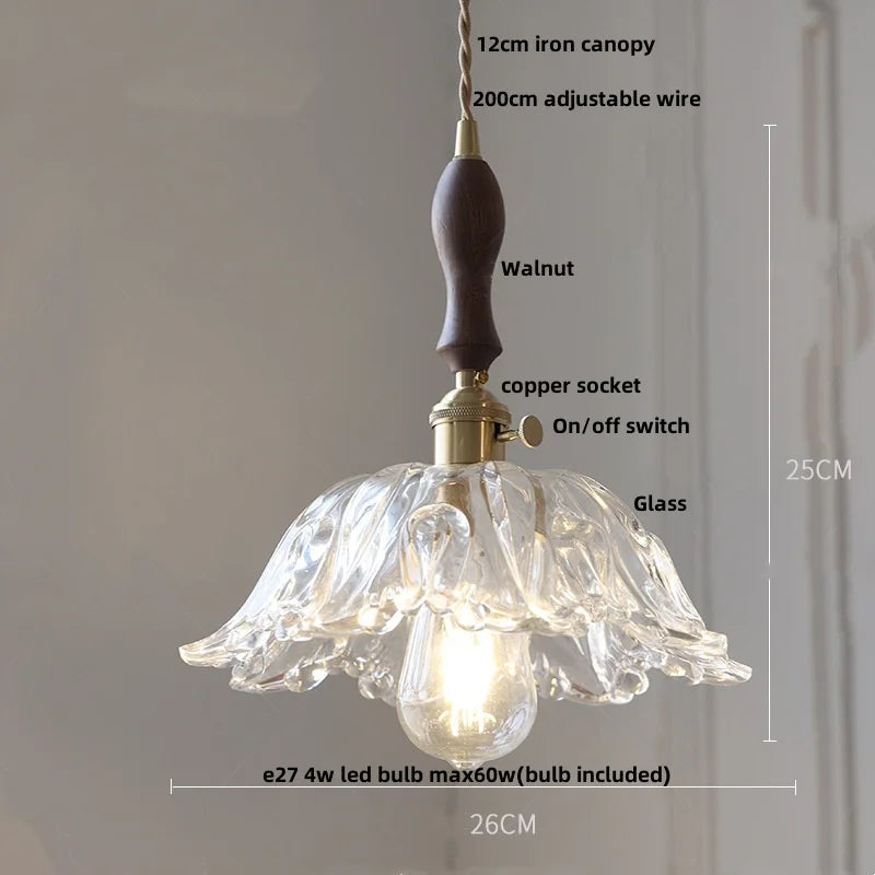 Walnut Wood LED Pendant Light Fixture with Adjustable Green Glass Shade