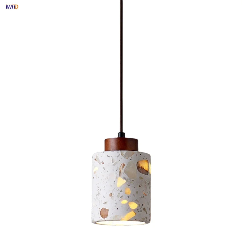 Terrazzo Brown Wood LED Pendant Light Fixture Stone Hanging Lamp