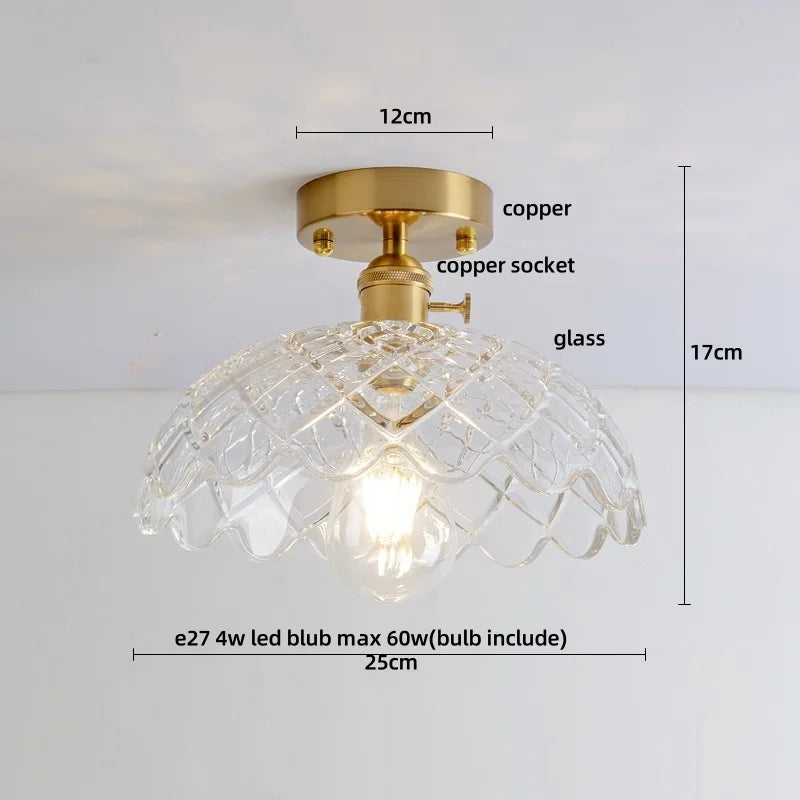 Amber Ice Crack Glass Wood Ceiling Light - Nordic Modern LED Fixture