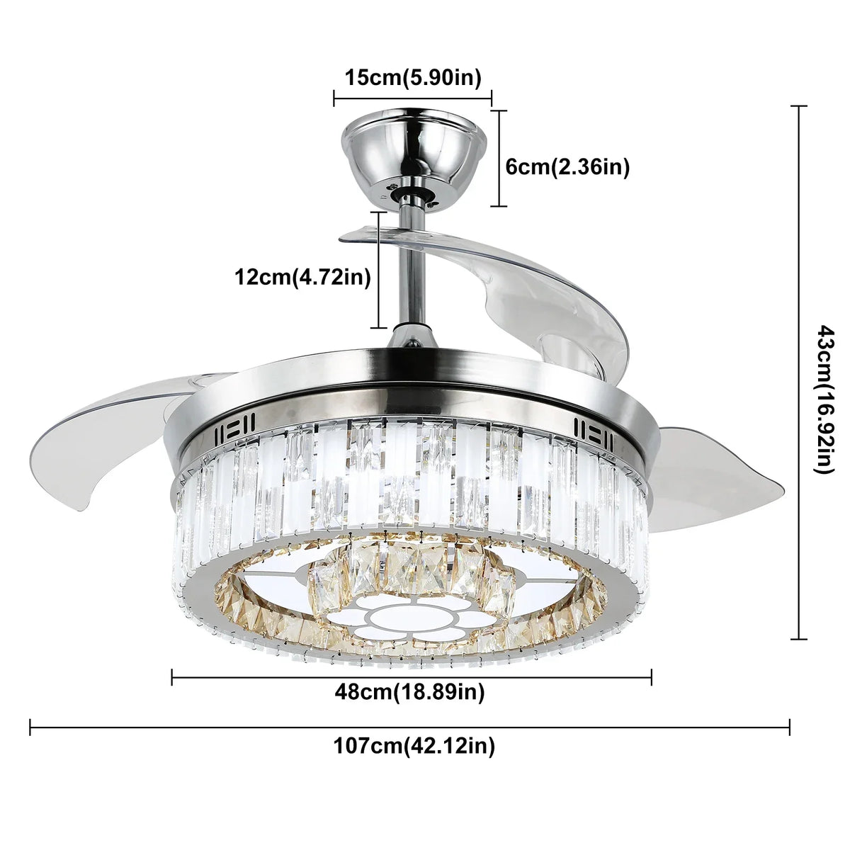 Modern Crystal Chandelier Fan with Retractable Blades and Dimmable LED Light