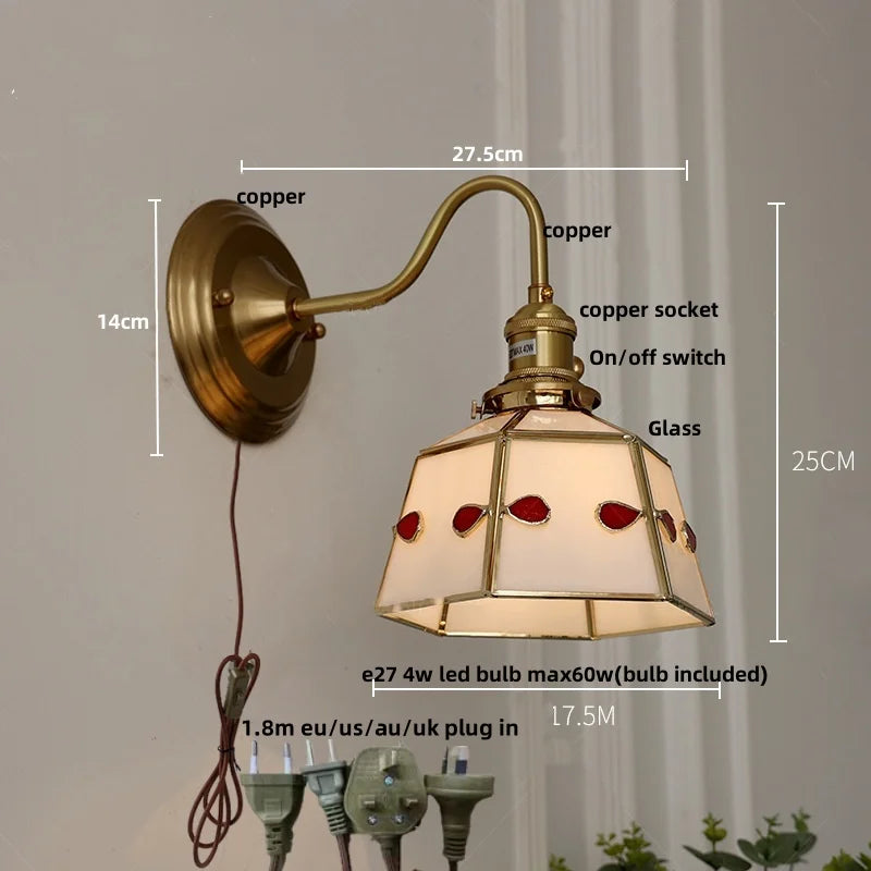 Green Glass LED Wall Sconce Copper Knob Switch Vintage Loft Stair Light