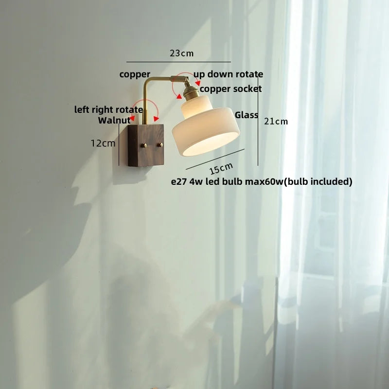 White Glass LED Wall Light Fixture Walnut Wood Brass Pull Chain Switch