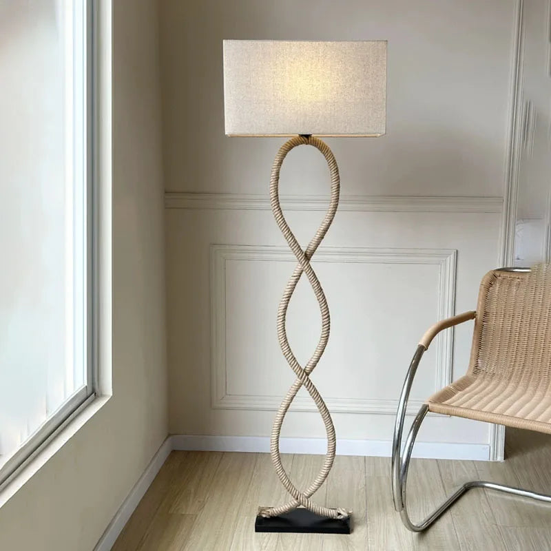 Hemp Rope Fabric Shade LED Floor Lamp for Nordic Retro Wabi Sabi Style
