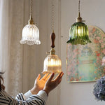 Walnut Wood LED Pendant Light Fixture with Glass Lampshade and Knob Switch