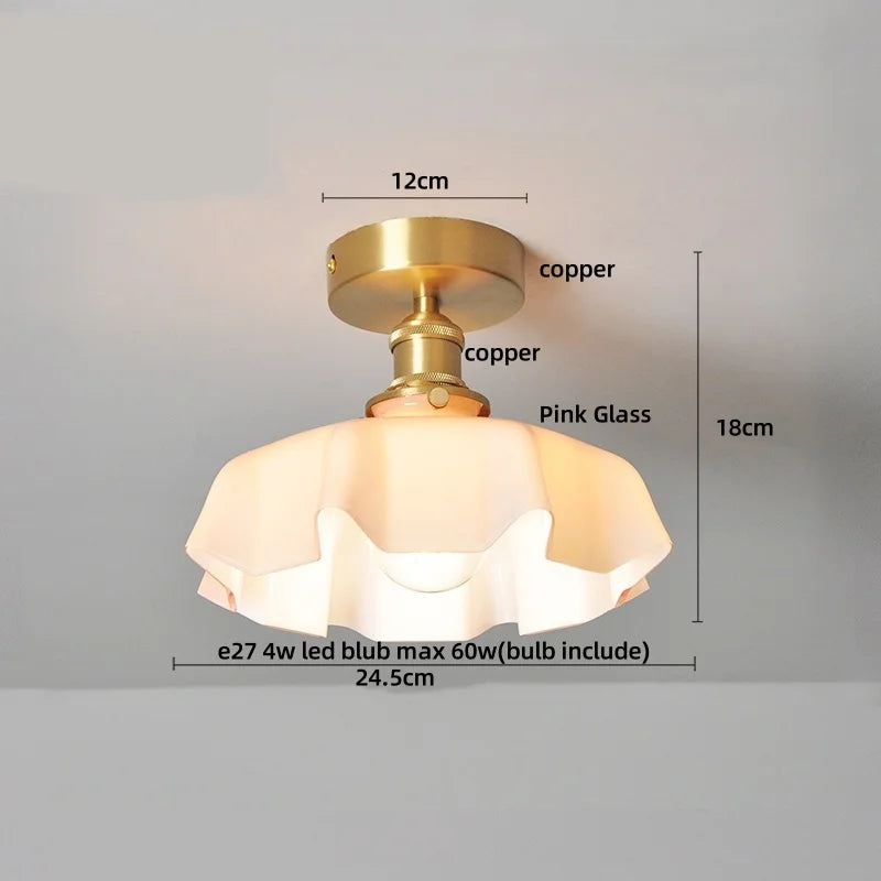 Tiffany Cube Glass LED Ceiling Lamp Copper Canopy Flush Mount Light