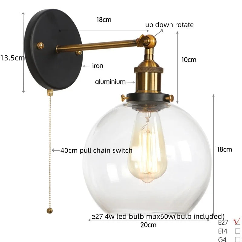 Vintage Glass LED Wall Sconce Iron Pull Chain Switch Light