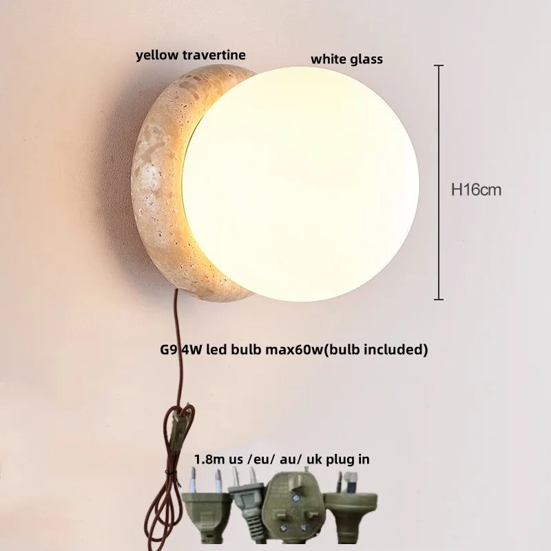 Yellow Travertine LED Wall Lamp Sconce Glass Mirror Light Home Decor