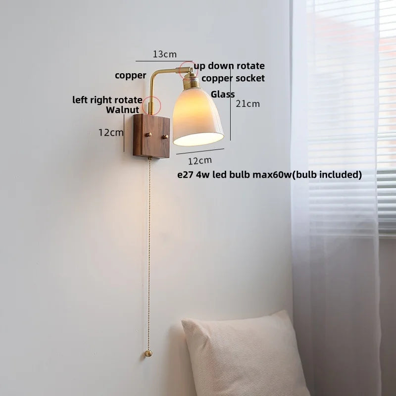Walnut Wood LED Wall Sconce Rotatable Glass Bedside Lamp Nordic Modern