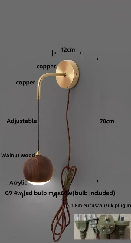 LED Walnut Wood Wall Light Sconce with Adjustable Acrylic Lamparas