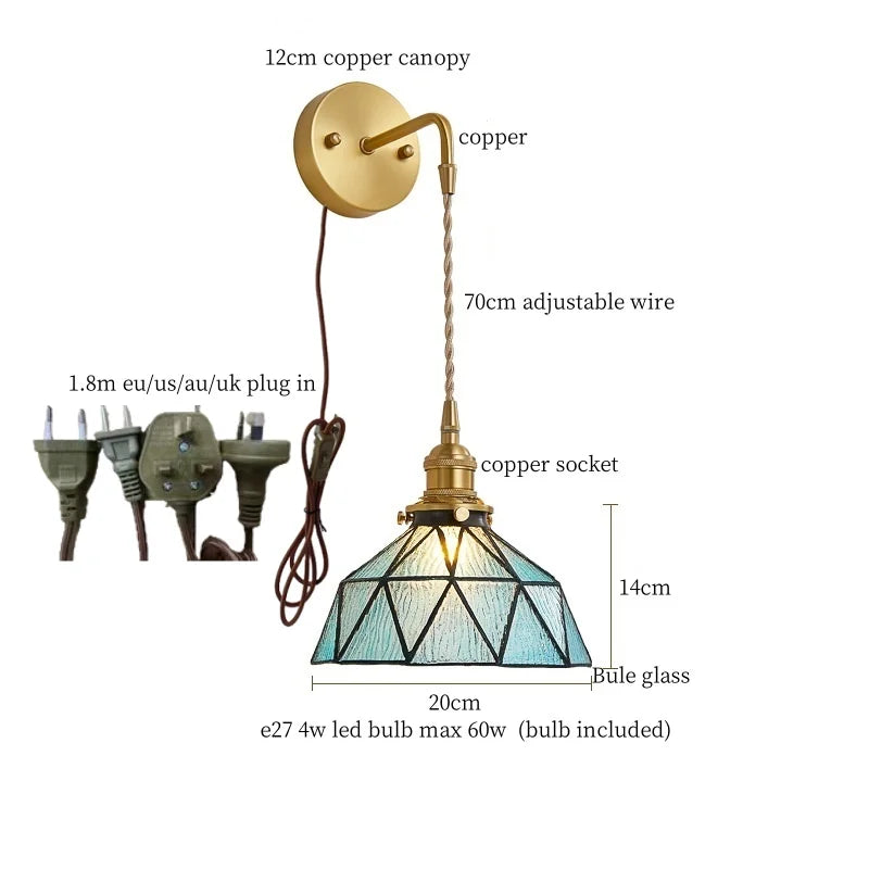 Tiffany Glass LED Wall Lamp Pull Chain Switch Vintage Copper Wall Lights