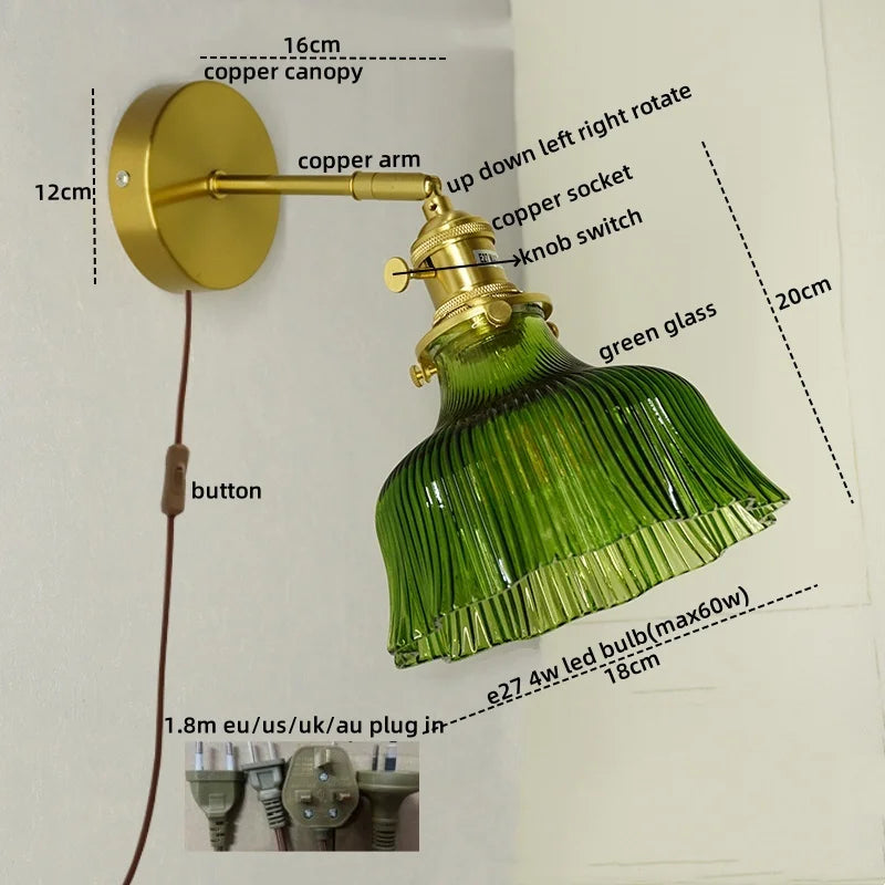 Nordic LED Wall Lights Pull Chain Switch Copper Glass Home Decor