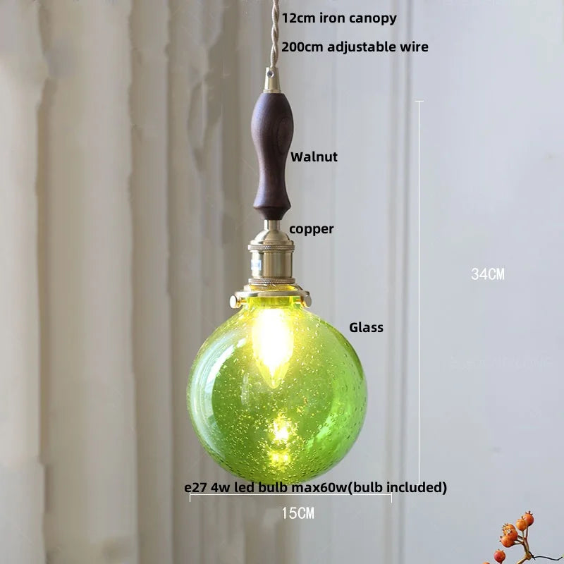 White Globe Glass LED Pendant Light Fixture with Walnut Wood, Adjustable, Nordic Modern Style