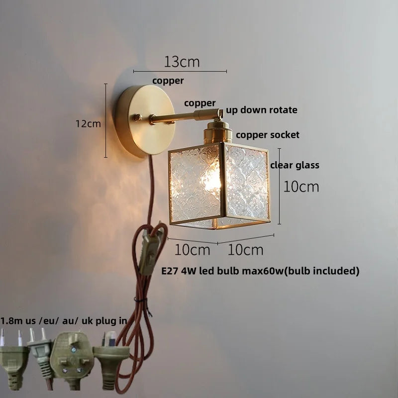 Glass LED Wall Light with Pull Chain Switch, Rotating Japanese Style Bedside Lamp