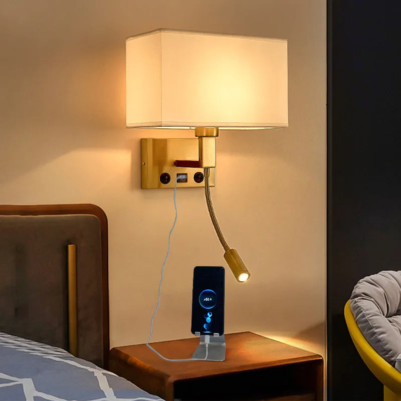 Nordic LED Bedroom Wall Light with Switch, Adjustable Hose Spotlight