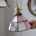 Afralia™ Tiffany Cat Glass LED Pendant Light in Walnut Wood Finish