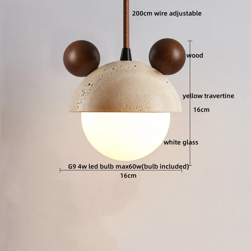 Yellow Travertine Wood Canopy Pendant Lights - Japanese Style Adjustable Globe LED Hang Lamp