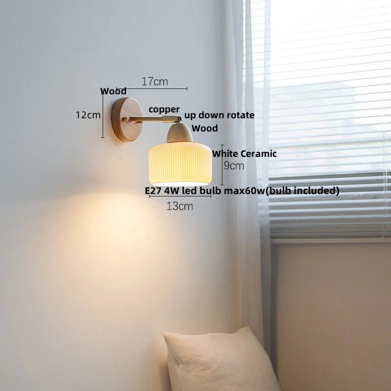 Wood Canopy LED Wall Light Pull Chain Switch Nordic Modern Bedside Sconce
